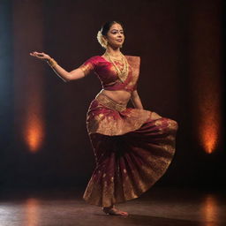 A Bharatanatyam dancer in a traditional costume, striking a dynamic pose on a stage with intricate patterns beneath her feet, and a soft, warm spotlight shining on her.