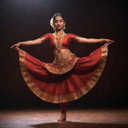 A Bharatanatyam dancer in a traditional costume, striking a dynamic pose on a stage with intricate patterns beneath her feet, and a soft, warm spotlight shining on her.