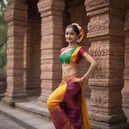 An elegant Bharatanatyam dancer in a flamboyant multicolored attire elegantly posing against a backdrop of an ornate ancient South Indian temple.