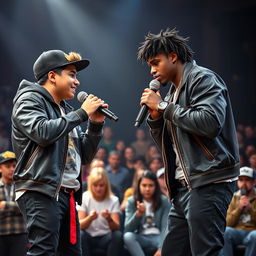 In an electrifying rap battle scene, a Hispanic boy and an African American boy, both handsome and talented high school students, fiercely compete against each other