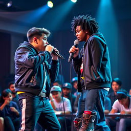 In an electrifying rap battle scene, a Hispanic boy and an African American boy, both handsome and talented high school students, fiercely compete against each other