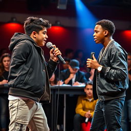 In an electrifying rap battle scene, a Hispanic boy and an African American boy, both handsome and talented high school students, fiercely compete against each other