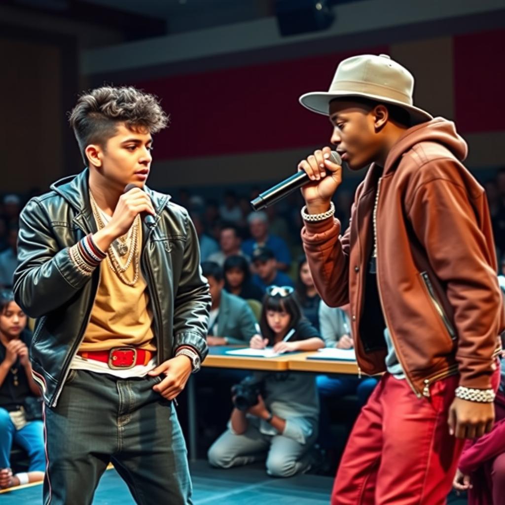 In an electrifying rap battle scene, a Hispanic boy and an African American boy, both handsome and talented high school students, fiercely compete against each other