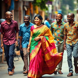 An engaging scene of an Indian woman elegantly walking in a vibrant saree, which flows beautifully as she moves