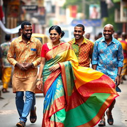 An engaging scene of an Indian woman elegantly walking in a vibrant saree, which flows beautifully as she moves