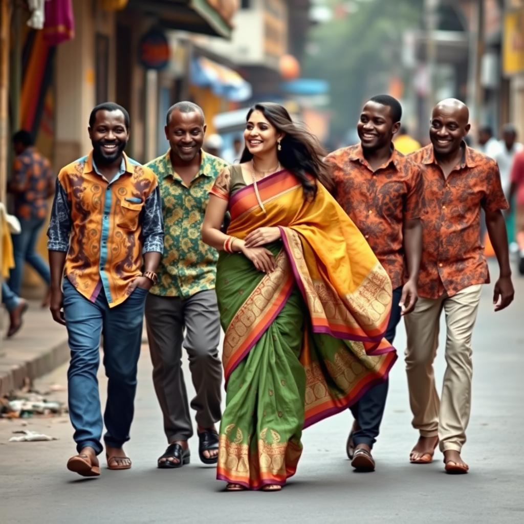 An engaging scene of an Indian woman elegantly walking in a vibrant saree, which flows beautifully as she moves