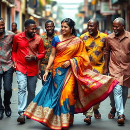 An engaging scene of an Indian woman elegantly walking in a vibrant saree, which flows beautifully as she moves