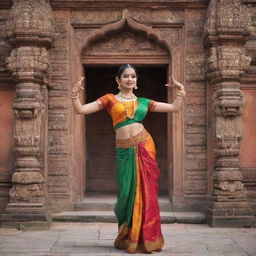 An elegant Bharatanatyam dancer in a flamboyant multicolored attire elegantly posing against a backdrop of an ornate ancient South Indian temple.