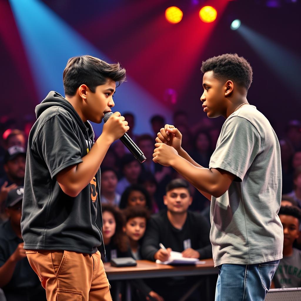 In a high-energy rap battle, a Hispanic boy and an African American boy face off, each gripping a microphone