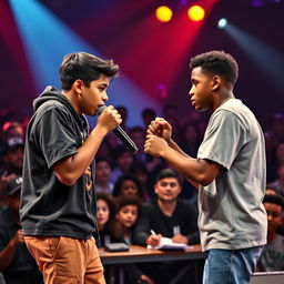 In a high-energy rap battle, a Hispanic boy and an African American boy face off, each gripping a microphone