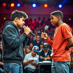 In a high-energy rap battle, a Hispanic boy and an African American boy face off, each gripping a microphone