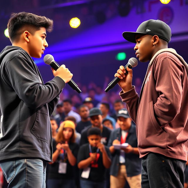 In a high-energy rap battle, a Hispanic boy and an African American boy face off, each gripping a microphone