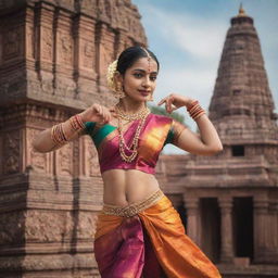 An elegant Bharatanatyam dancer in a flamboyant multicolored attire elegantly posing against a backdrop of an ornate ancient South Indian temple.