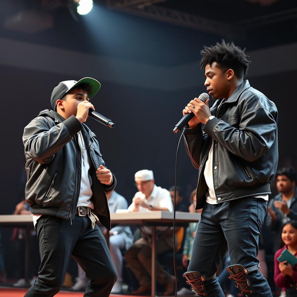 In a lively rap battle scene, a Hispanic boy in a stylish rapper outfit is energetically rapping against an African American boy, who is equally fashionable and confident