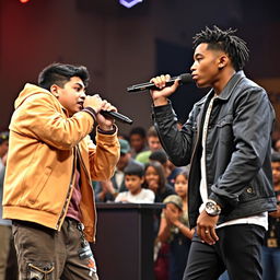 In a lively rap battle scene, a Hispanic boy in a stylish rapper outfit is energetically rapping against an African American boy, who is equally fashionable and confident