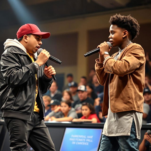 In a lively rap battle scene, a Hispanic boy in a stylish rapper outfit is energetically rapping against an African American boy, who is equally fashionable and confident