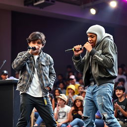 In a lively rap battle scene, a Hispanic boy in a stylish rapper outfit is energetically rapping against an African American boy, who is equally fashionable and confident