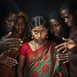 An intense scene depicting a young, scared pregnant Indian woman dressed in a colorful, intricately designed saree