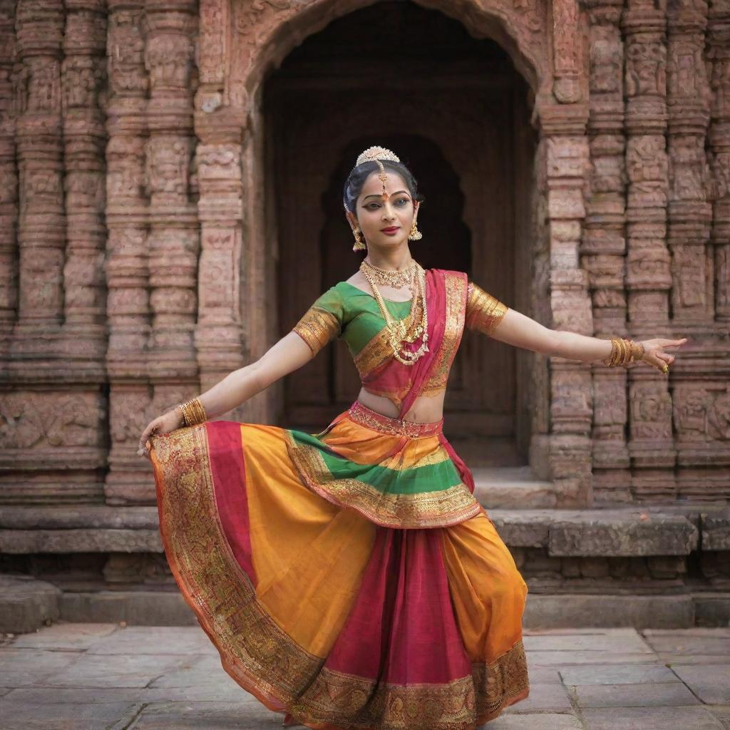 An elegant Bharatanatyam dancer in a flamboyant multicolored attire elegantly posing against a backdrop of an ornate ancient South Indian temple.