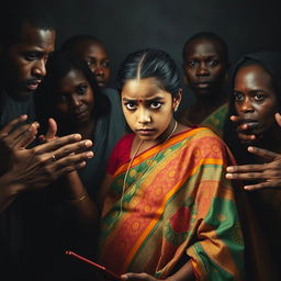 An intense scene depicting a young, scared pregnant Indian woman dressed in a colorful, intricately designed saree