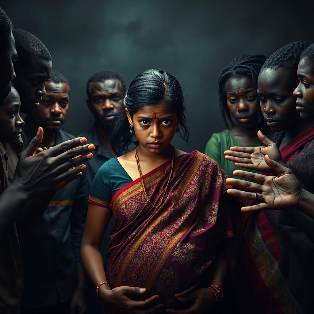 An intense scene depicting a young, scared pregnant Indian woman dressed in a colorful, intricately designed saree