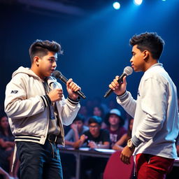 In a dynamic rap contest, a Hispanic boy in a trendy rapper outfit is confidently spitting verses while facing off against his opponent