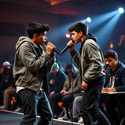 In a dynamic rap contest, a Hispanic boy in a trendy rapper outfit is confidently spitting verses while facing off against his opponent