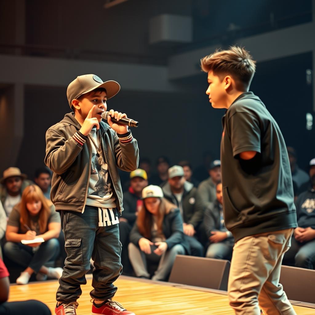 In a dynamic rap contest, a Hispanic boy in a trendy rapper outfit is confidently spitting verses while facing off against his opponent