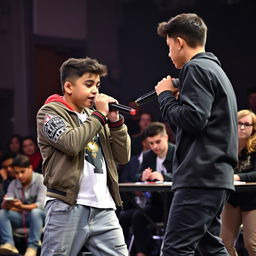 In a dynamic rap contest, a Hispanic boy in a trendy rapper outfit is confidently spitting verses while facing off against his opponent