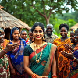 A beautiful Indian lady standing gracefully in an African village, surrounded by friendly villagers who are engaging with her warmly