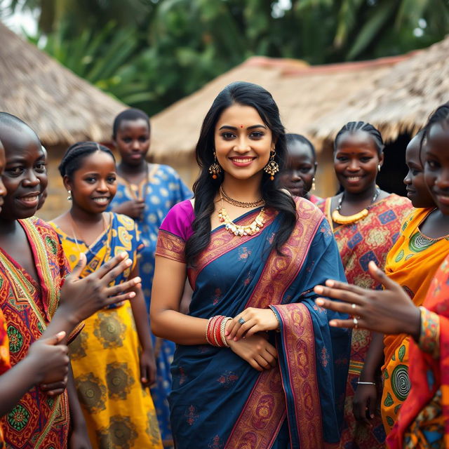 A beautiful Indian lady standing gracefully in an African village, surrounded by friendly villagers who are engaging with her warmly