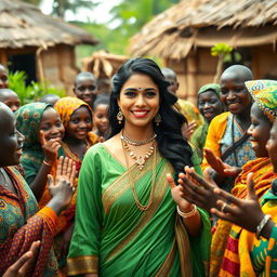 A beautiful Indian lady standing gracefully in an African village, surrounded by friendly villagers who are engaging with her warmly