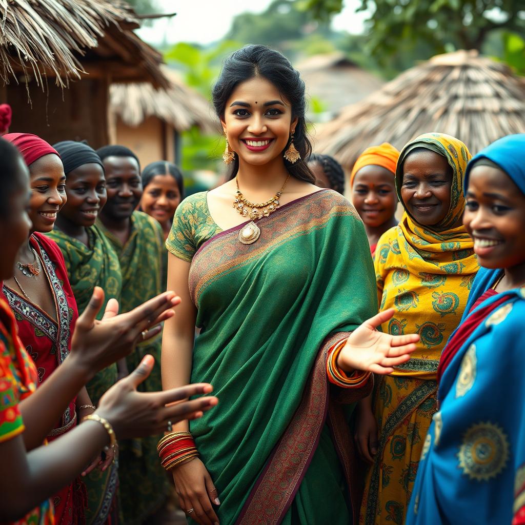 A beautiful Indian lady standing gracefully in an African village, surrounded by friendly villagers who are engaging with her warmly