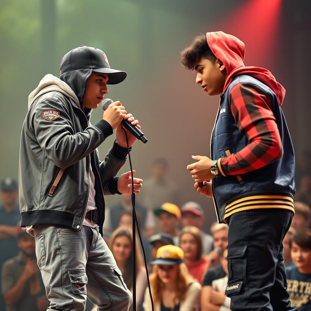 In an electrifying rap battle, a Hispanic boy in a trendy rapper outfit showcases his skills while facing off against an African American boy, who matches him in style and talent