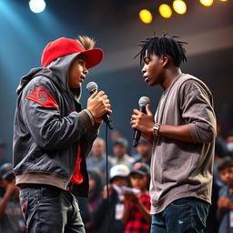 In an electrifying rap battle, a Hispanic boy in a trendy rapper outfit showcases his skills while facing off against an African American boy, who matches him in style and talent