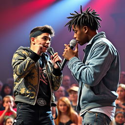 In an electrifying rap battle, a Hispanic boy in a trendy rapper outfit showcases his skills while facing off against an African American boy, who matches him in style and talent