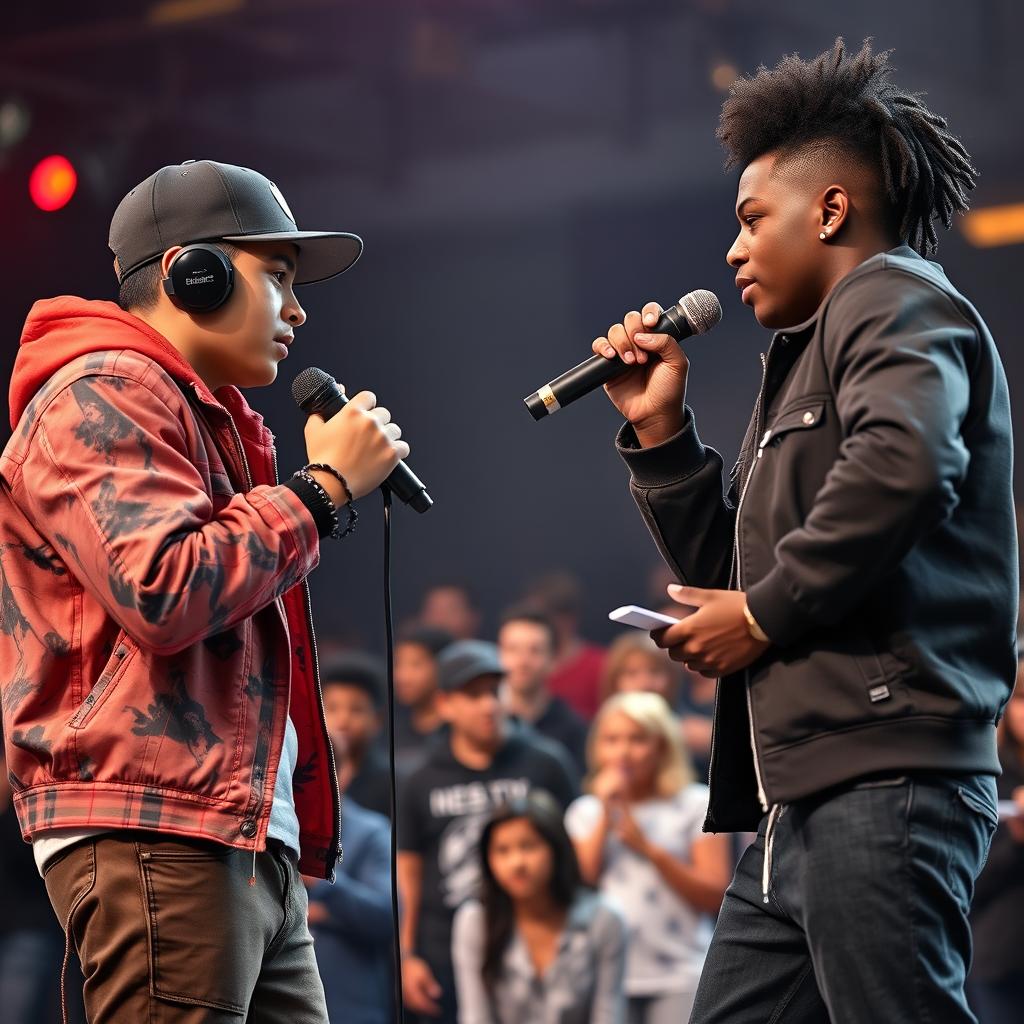 In an electrifying rap battle, a Hispanic boy in a trendy rapper outfit showcases his skills while facing off against an African American boy, who matches him in style and talent