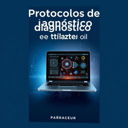 A captivating book cover design for a title "Protocolos de diagnóstico avanzado en laptop" featuring a sleek, modern laptop opened to display complex diagnostic software on the screen