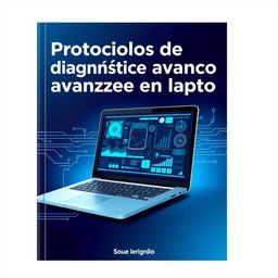 A captivating book cover design for a title "Protocolos de diagnóstico avanzado en laptop" featuring a sleek, modern laptop opened to display complex diagnostic software on the screen