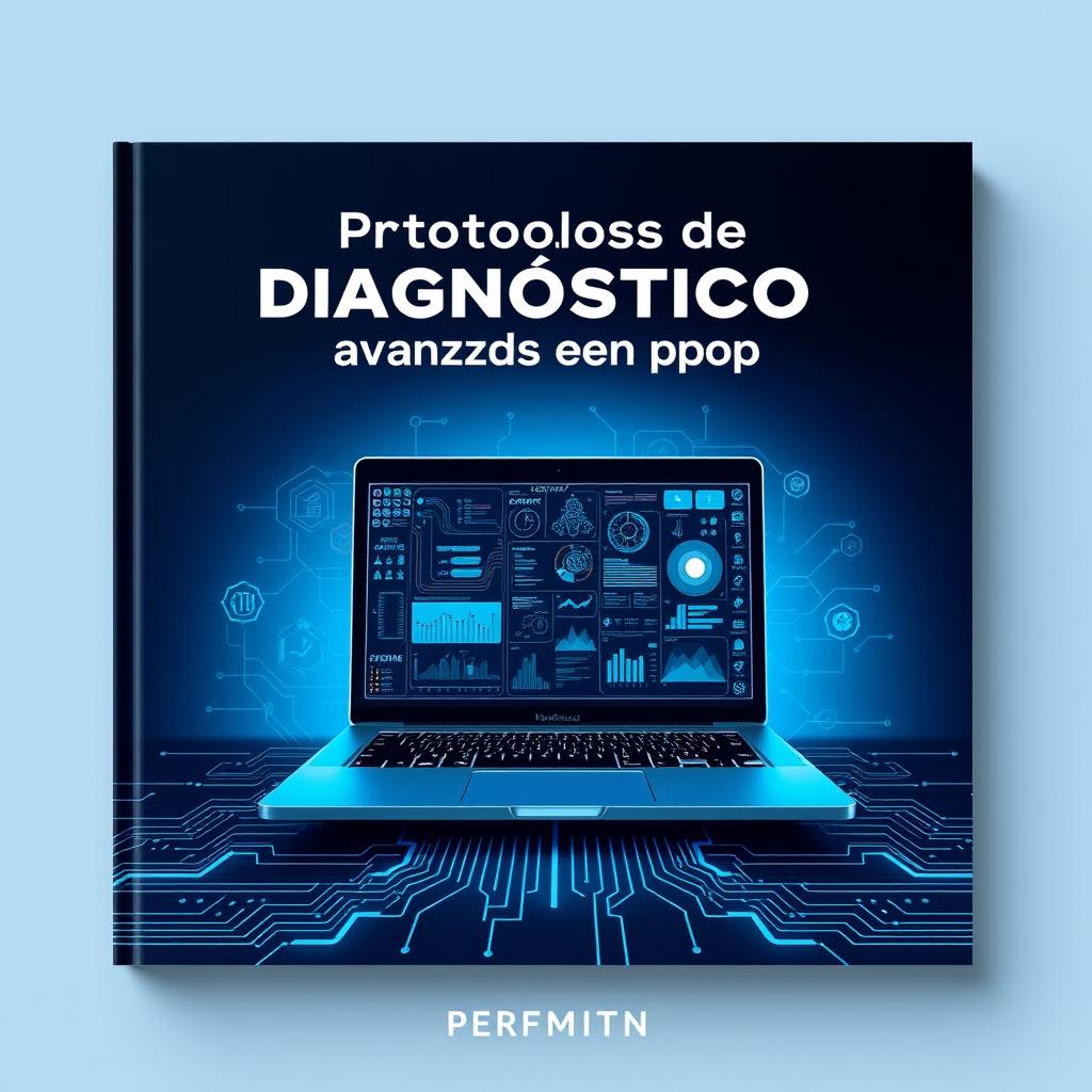 A captivating book cover design for a title "Protocolos de diagnóstico avanzado en laptop" featuring a sleek, modern laptop opened to display complex diagnostic software on the screen