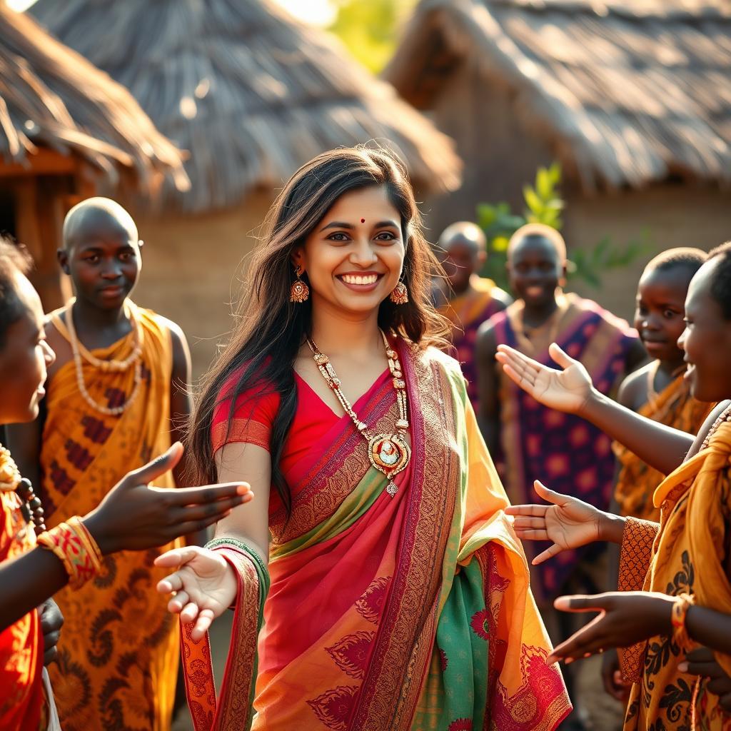 A vibrant scene featuring a 35-year-old Indian lady with long, flowing hair, wearing colorful traditional Indian attire and elegant jewelry, standing in the heart of an African village