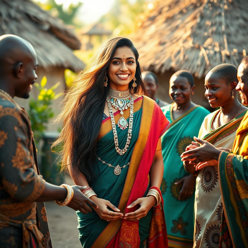 A vibrant scene featuring a 35-year-old Indian lady with long, flowing hair, wearing colorful traditional Indian attire and elegant jewelry, standing in the heart of an African village