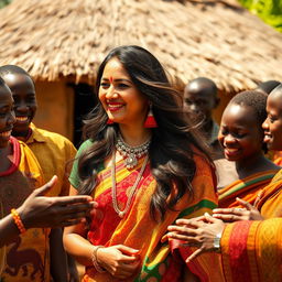 A vibrant scene featuring a 35-year-old Indian lady with long, flowing hair, wearing colorful traditional Indian attire and elegant jewelry, standing in the heart of an African village