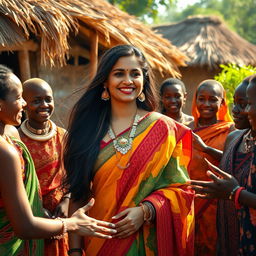 A vibrant scene featuring a 35-year-old Indian lady with long, flowing hair, wearing colorful traditional Indian attire and elegant jewelry, standing in the heart of an African village