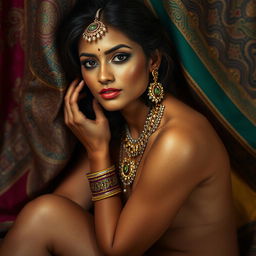 A stunning nude Indian woman gracefully posed in an artistic manner, with intricate traditional Indian jewelry adorning her