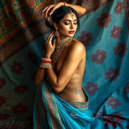 A stunning nude Indian woman gracefully posed in an artistic manner, with intricate traditional Indian jewelry adorning her