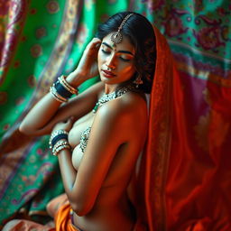 A stunning nude Indian woman gracefully posed in an artistic manner, with intricate traditional Indian jewelry adorning her