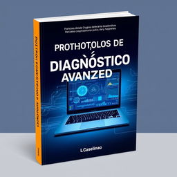 A captivating book cover design for a title "Protocolos de Diagnóstico Avanzado en Laptop" featuring a sleek, modern laptop opened to display complex diagnostic software on the screen