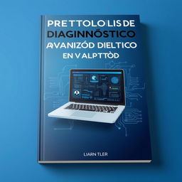 A captivating book cover design for a title "Protocolos de Diagnóstico Avanzado en Laptop" featuring a sleek, modern laptop opened to display complex diagnostic software on the screen