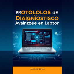 A captivating book cover design for a title "Protocolos de Diagnóstico Avanzado en Laptop" featuring a sleek, modern laptop opened to display complex diagnostic software on the screen